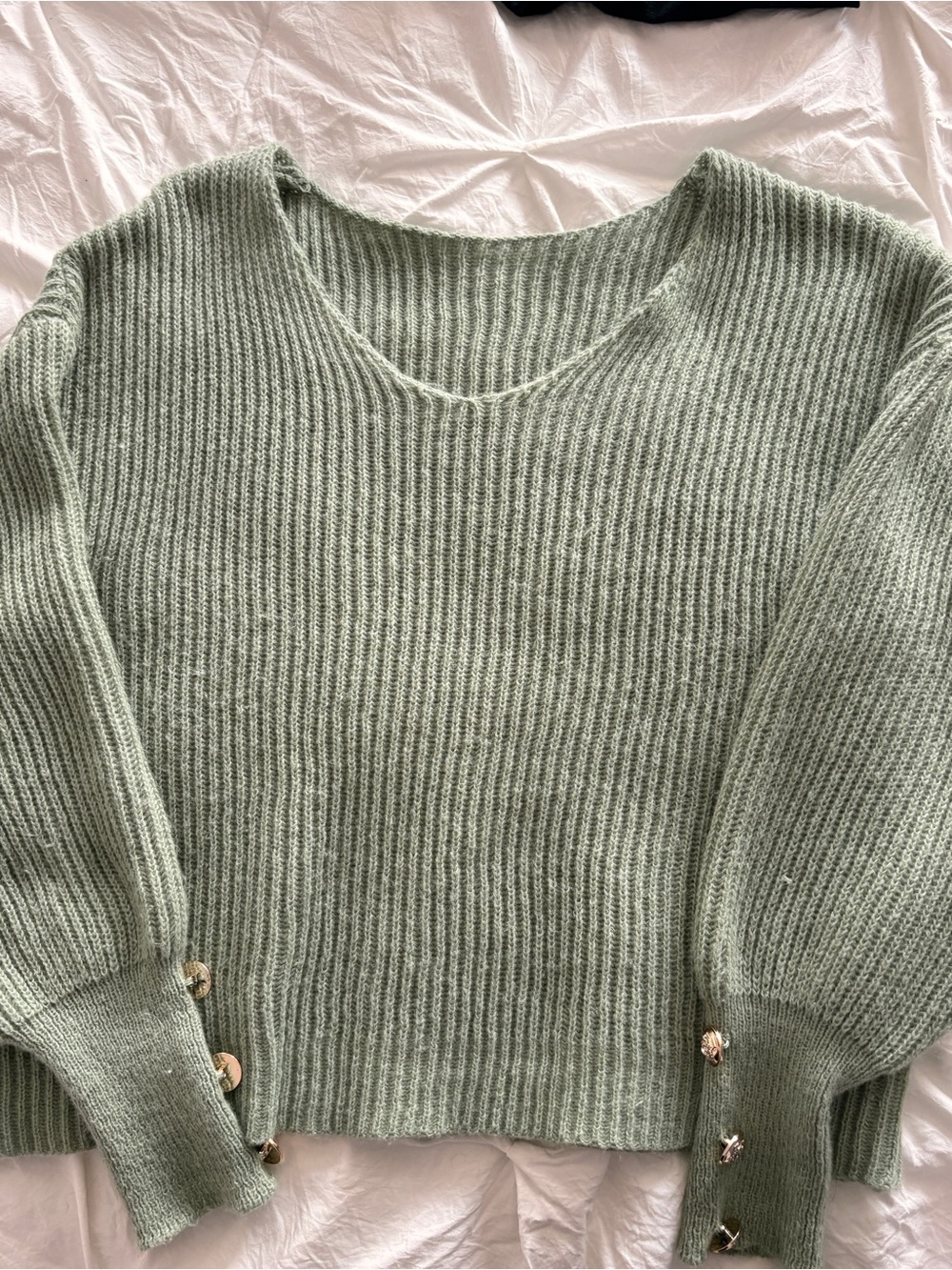 Light Sage Ribbed V-Neck Sweater with Button Cuffs